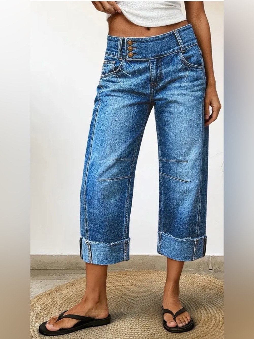 Flamingals Wash Roll Hem Button Up Mid Rise Barrel Leg Crop Jeans